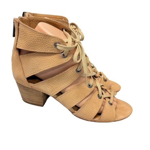 Lucky Brand Genevie Women's 7M Tan Beige Nubuck Leather Cage Lace-Up Sandals - Picture 3 of 7